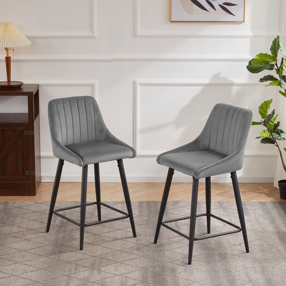 Set of 2 Vertical Channel Tufted Velvet Bar Stools, Grey, 24 Inch