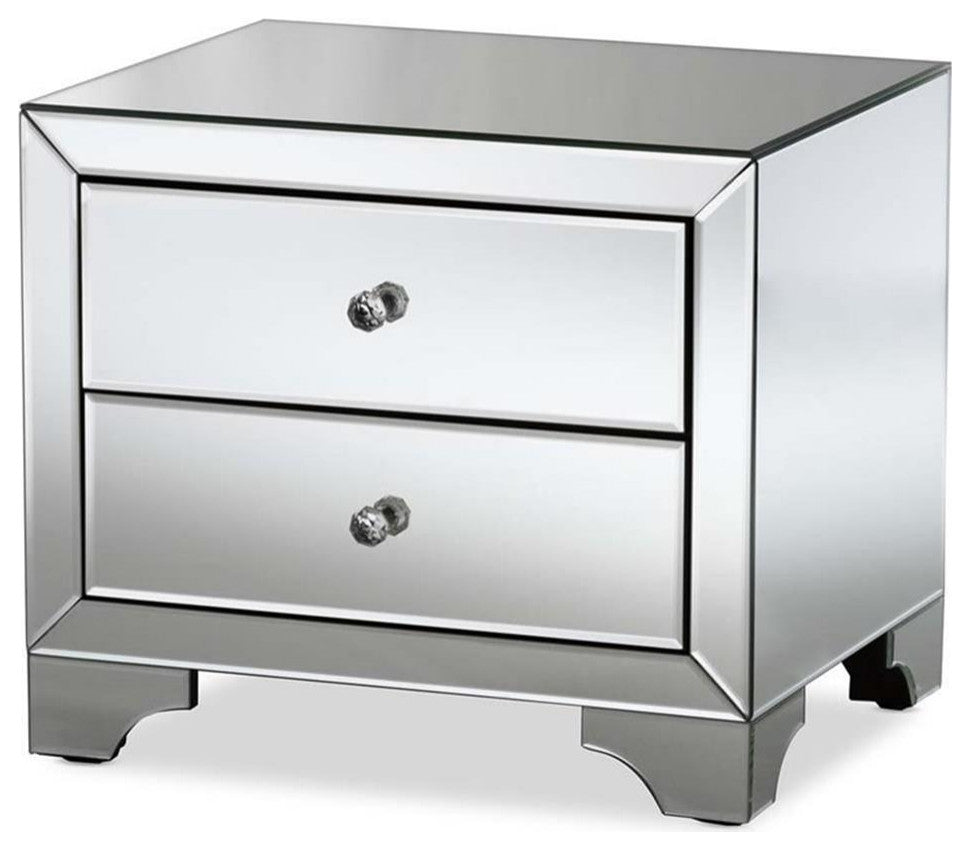 Hawthorne Collection Mirrored 2 Drawer Nightstand in Silver