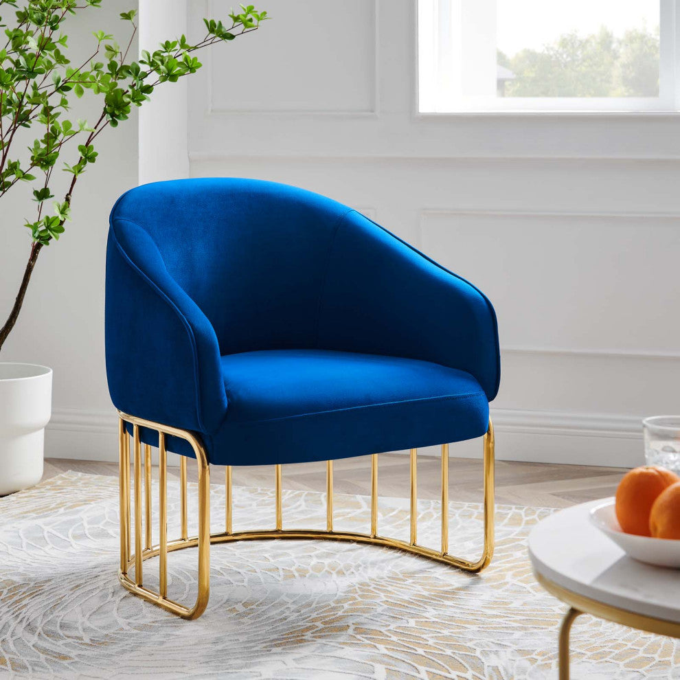 Armchair Accent Chair, Blue Navy, Velvet, Modern, Mid Century Hotel Lounge Cafe