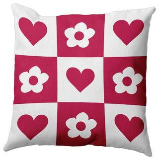 Heart And Flowers Grid Decorative Throw Pillow, Bold Pink, 26"x 26"