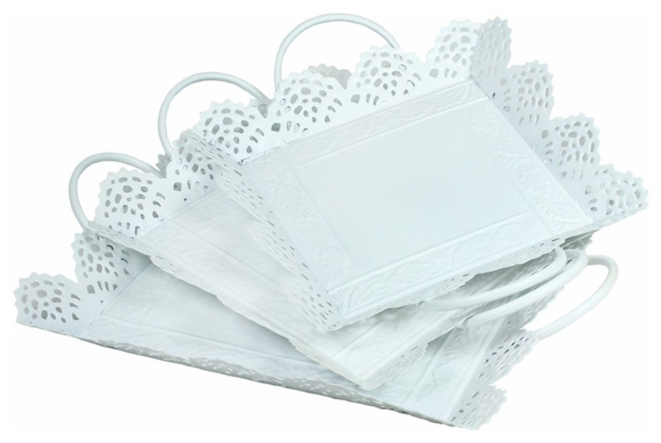 Metal Tray With Cutout Design, Set Of 3, White