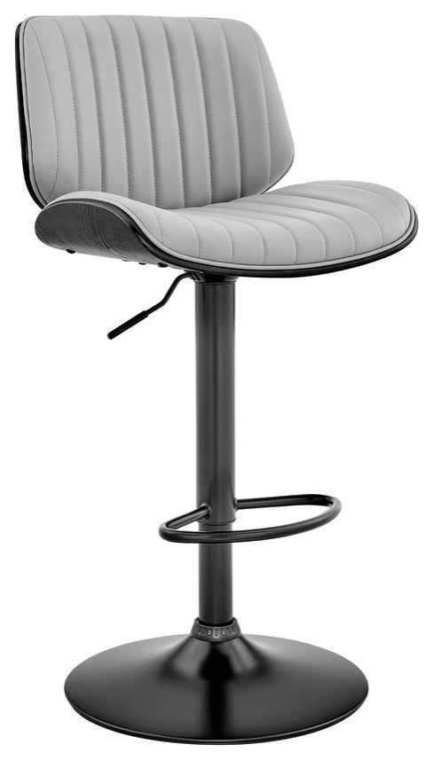 Brock Adjustable Gray Faux Leather and Walnut Wood Bar Stool with Black Base