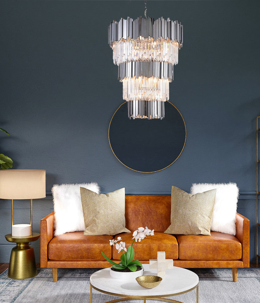 3-Tier Chrome Bar Rod Frame Chandelier, Clear Crystal Drops