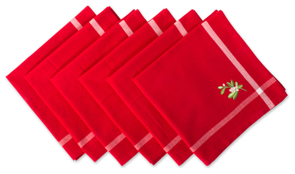 DII Red Embroidered Mistletoe Corner With Border Napkin, Set of 6