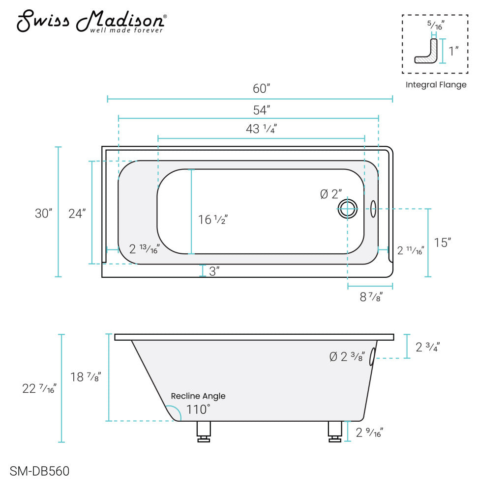 Voltaire Acrylic With Integral Tile Flange, 60"x30", Right Hand Drain