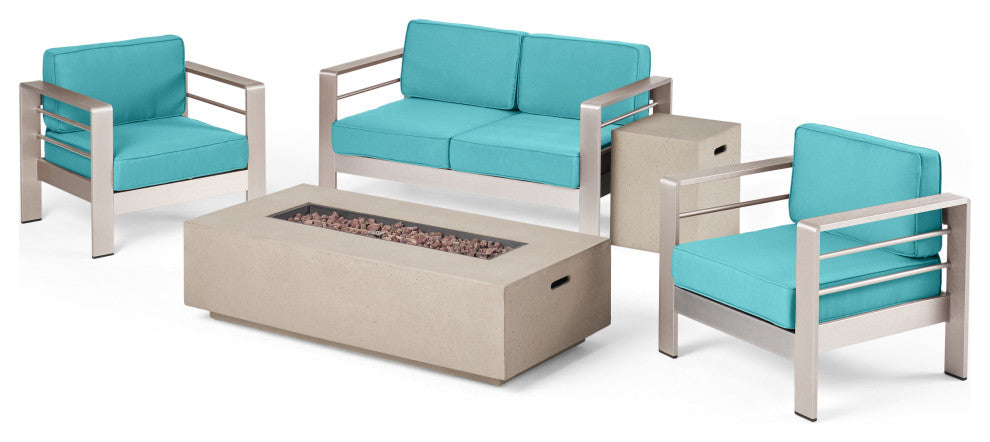 5-Piece Coral Bay Chat Set With Fire Pit, Canvas Aruba Sunbrella/Silver/Light Gray