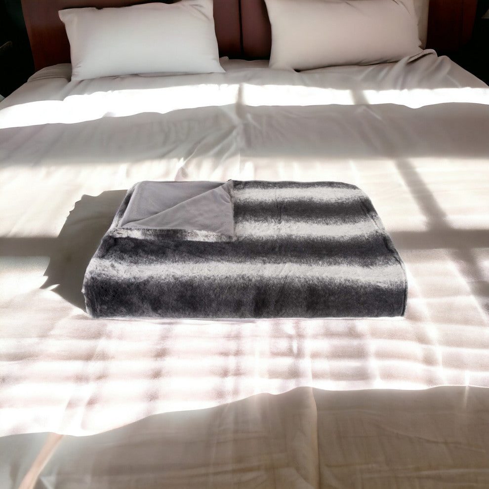 50" X 70" Gray and White Faux Fur Striped Plush Throw Blanket