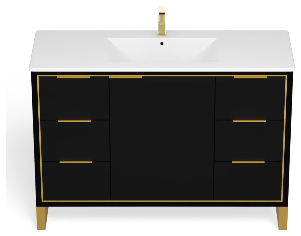 Bradford Bath Vanity, Black Matte, 48", Satin Brass Hardware, Single Sink, Freestanding