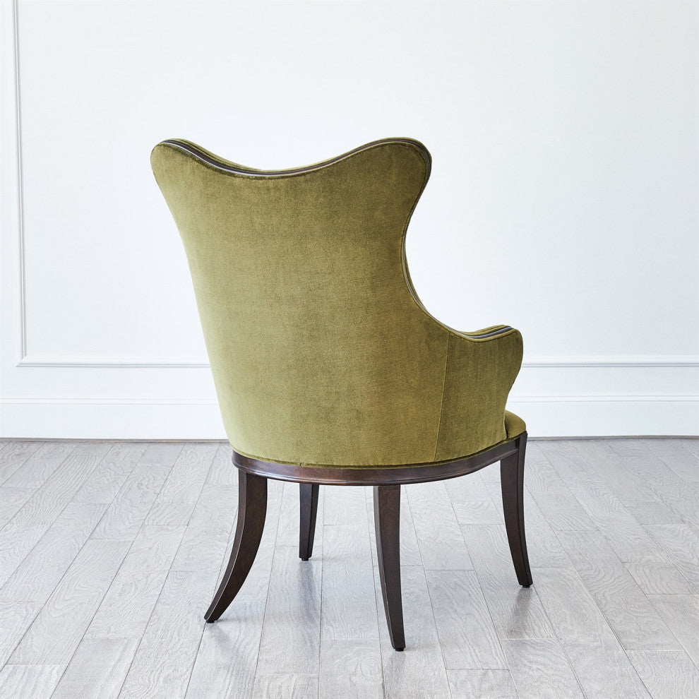 Curvy Back Moss Green Velvet Arm Chair Dark Walnut Sculpted Vintage Style