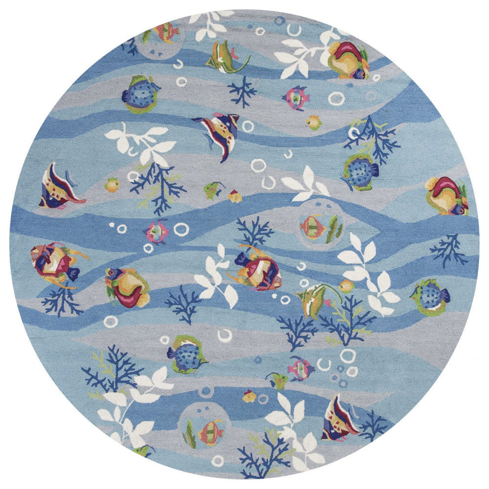 HomeRoots 8' Blue Hand Hooked Coastal Fish Round Indoor Area Rug