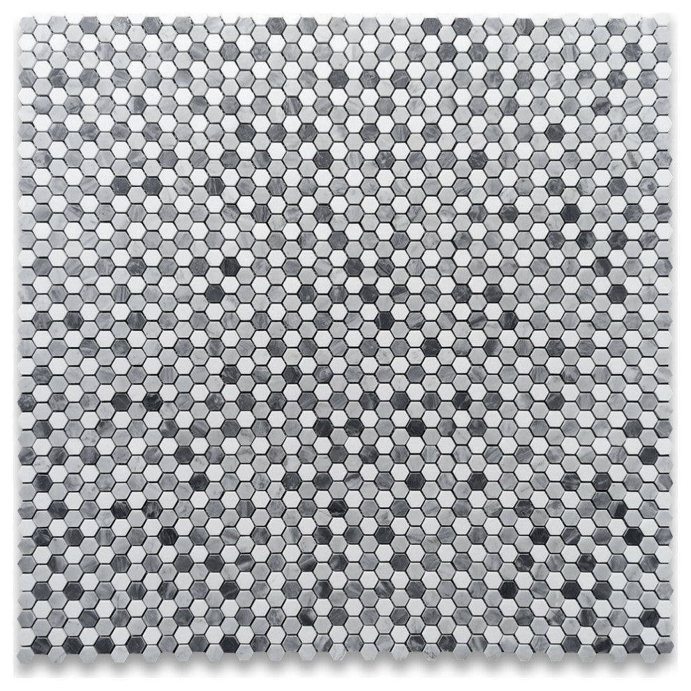 Carrara White Marble Monochrome Hexagon Mosaic Tile Gray White Honed, 1 sheet