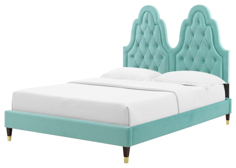 Tufted Platform Bed Frame, King Size, Velvet, Blue, Modern Contemporary, Bedroom
