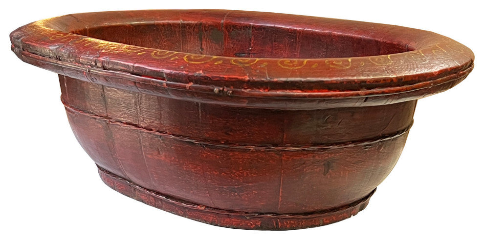 Chinese Vintage Distressed Brick Red Flower Oval Shape Wood Bucket Hws3118