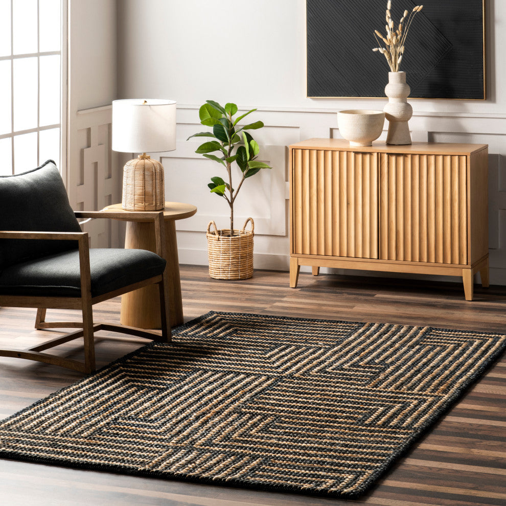 Grassland Handwoven Jute Area Rug, Black 4'x6'