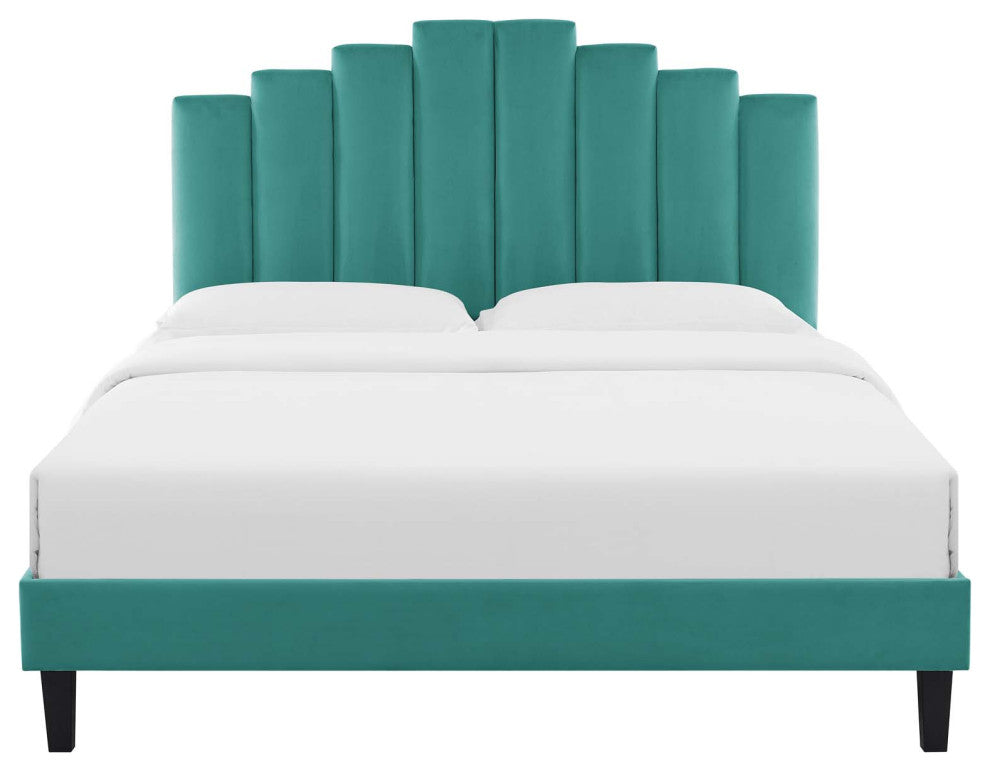 Platform Bed Frame, Queen Size, Velvet, Teal Blue, Modern Contemporary, Bedroom