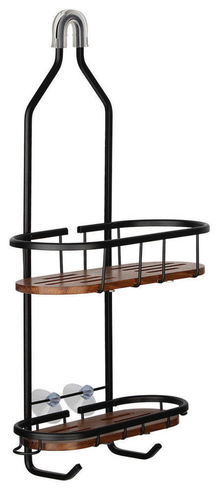 Utopia Alley Tia Rustproof Over the Shower Caddy, Teak Shelves, Matte Black
