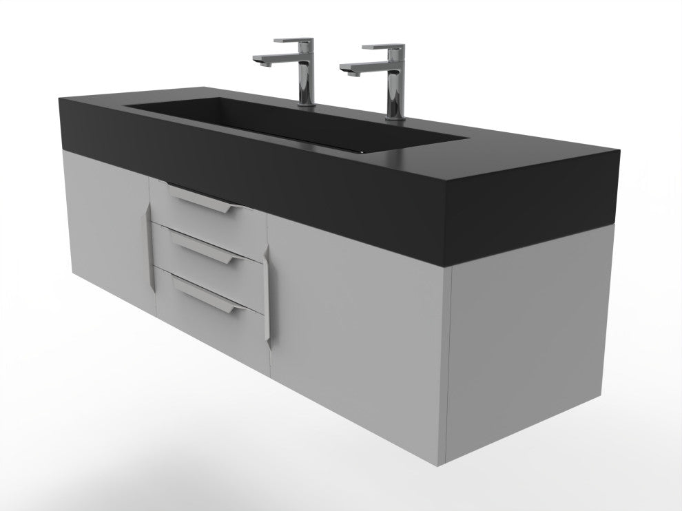CastelloUSA Nile 60" Wall Mounted Vanity Set, Gray, Black Top, Chrome Handles