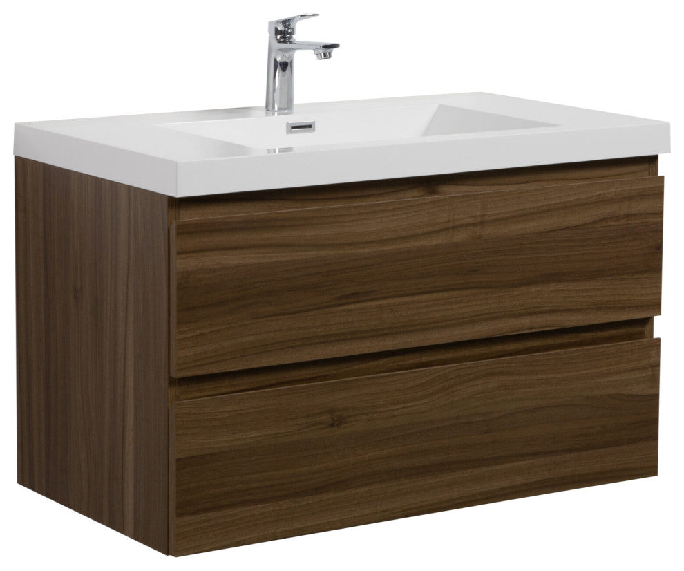Aurora Wall Mount Vanity, White Acrylic Top, Smokey Walnut, 36"