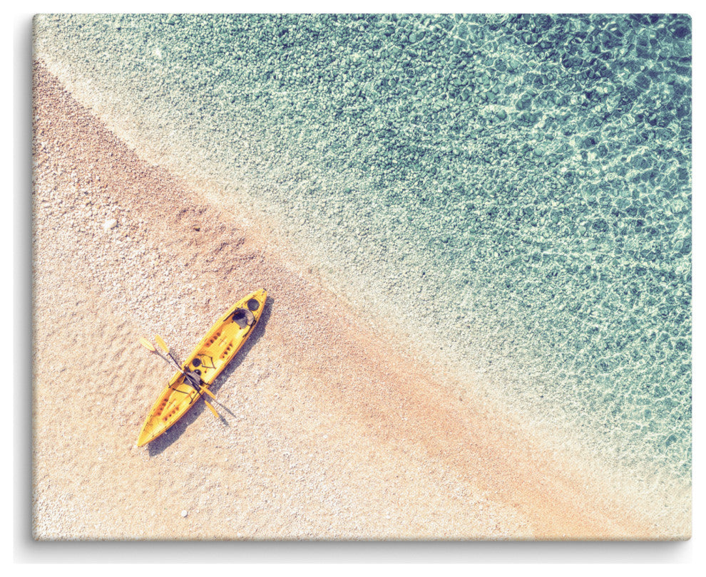 Yellow Canoe and Blue Sea by with Soft Violet Effect Canvas Wall Art Prints, 16" X 20"