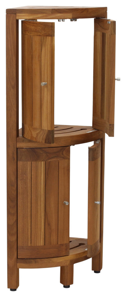 Kai Corner Teak Bath Shelf With Square Legs and Front Facing Doors