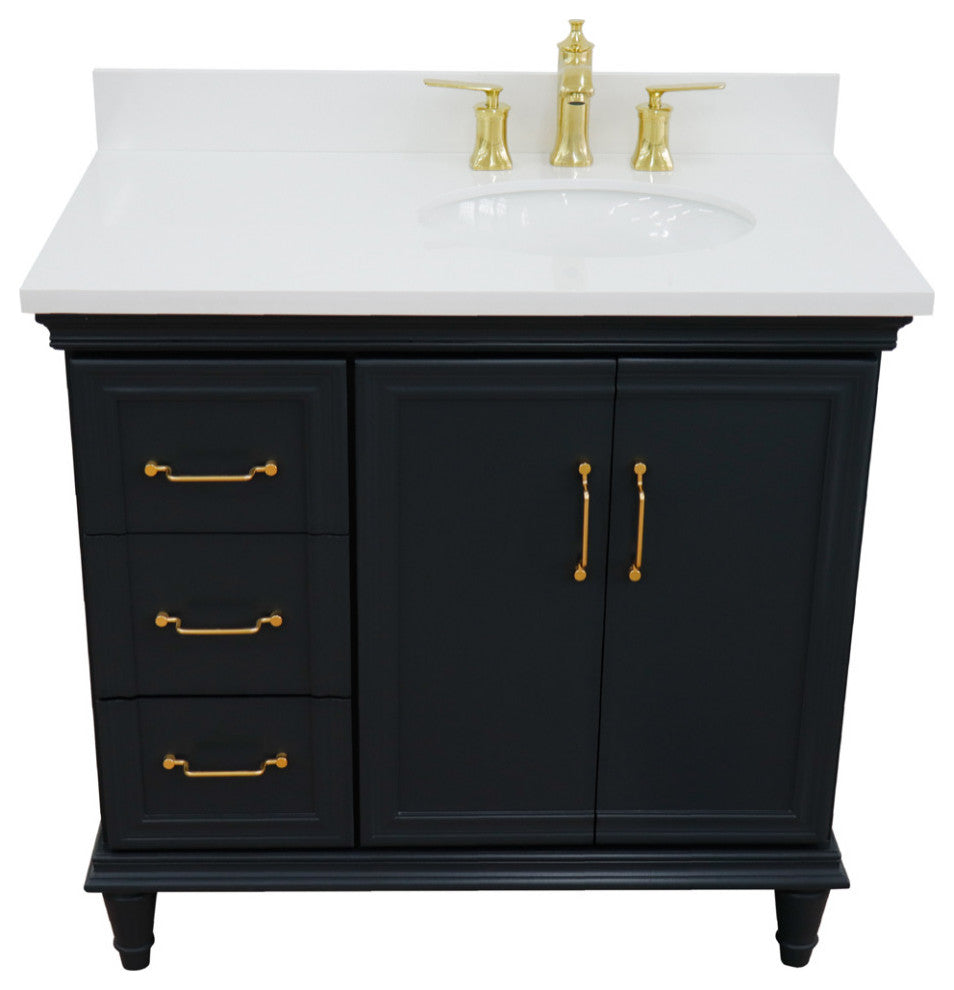 37" Single Vanity, Dark Gray Finish With White Engineered Stone Top