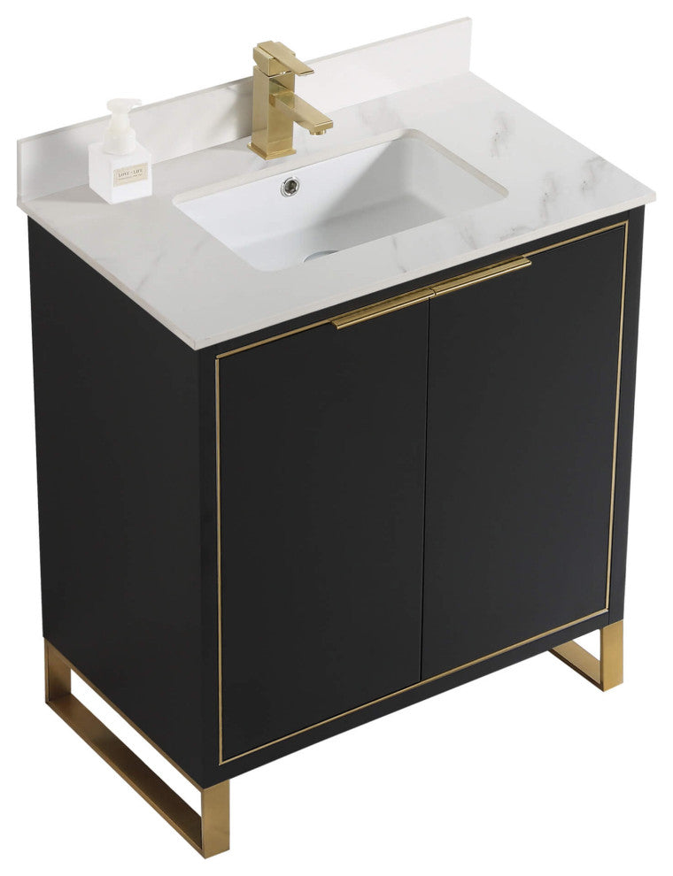 Opulence Bath Vanity, Black Matte, 30", Satin Brass Hardware, White Carrara Top