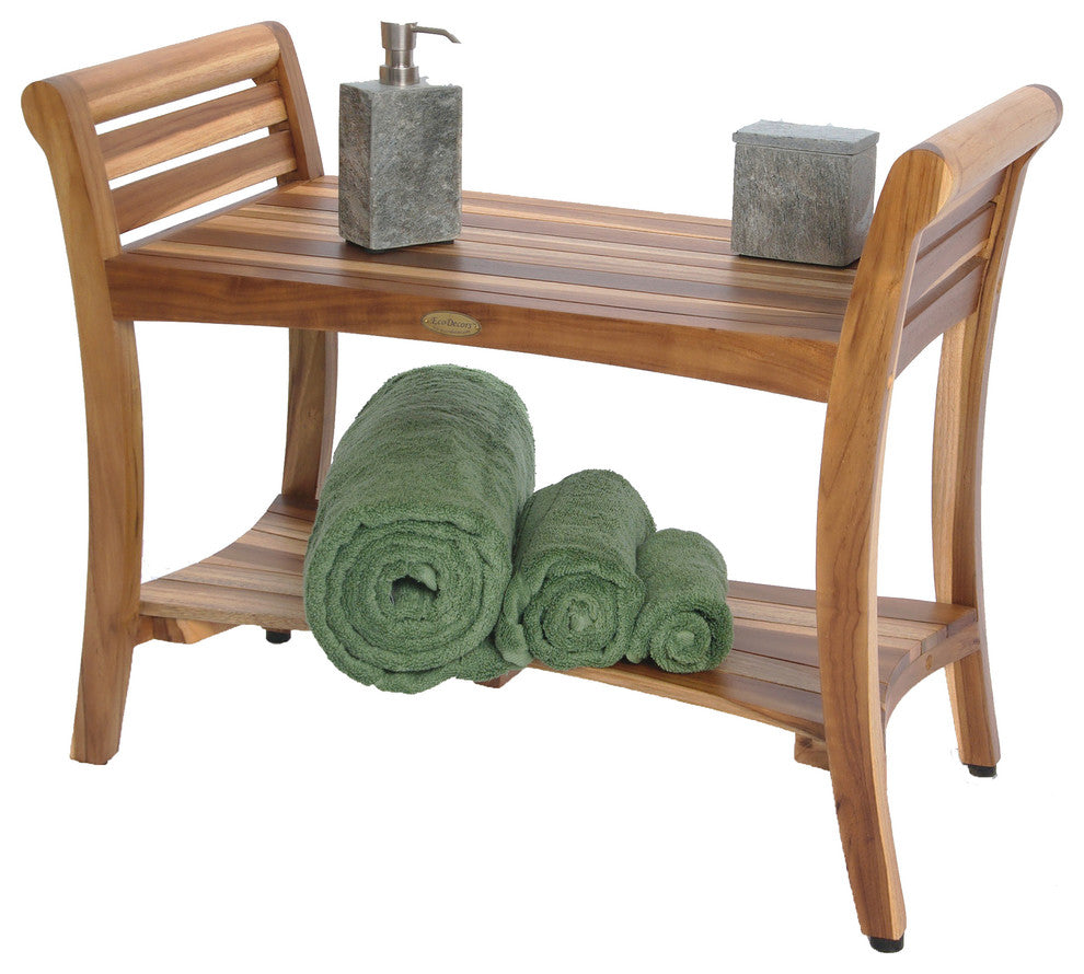 EcoDecors EarthyTeak Symmetry 29" Teak Shower Bench With Shelf And LiftAide Arms