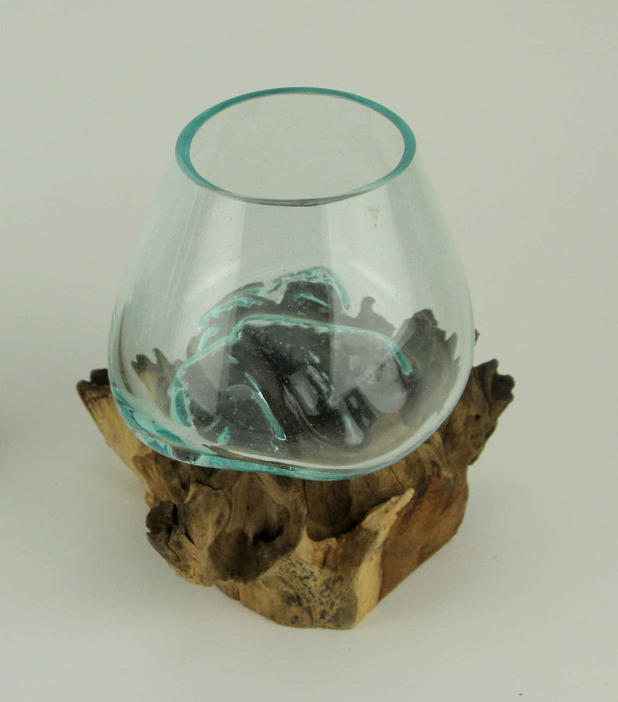 Clear Molten Glass On Teak Driftwood Base Decorative Bowl Vase Terrarium Plante