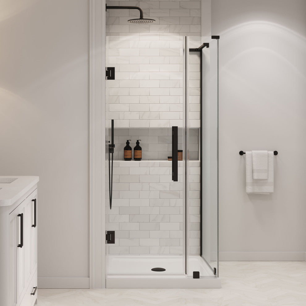 Panama 32"Wx32"Dx74 3/4"H Corner Hinge Shower Kit Black Base, Black, 36"