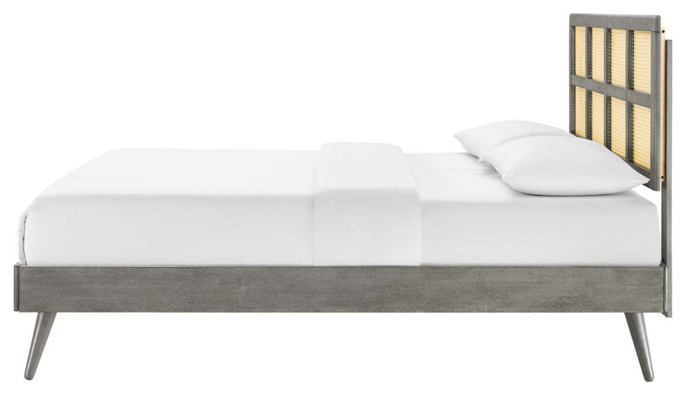Platform Bed Frame, Full Size, Wood, Gray, Modern Mid-Century, Bedroom