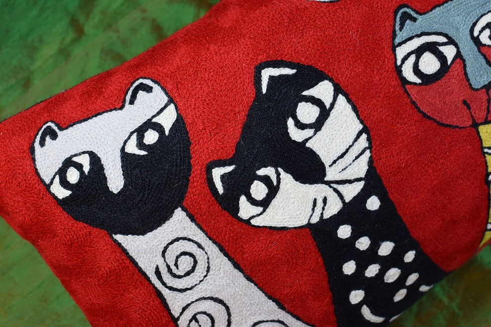 Lumbar Red Pillow Cover Cat Picasso Four Kitties Pillowcase Handmade Wool 14x20