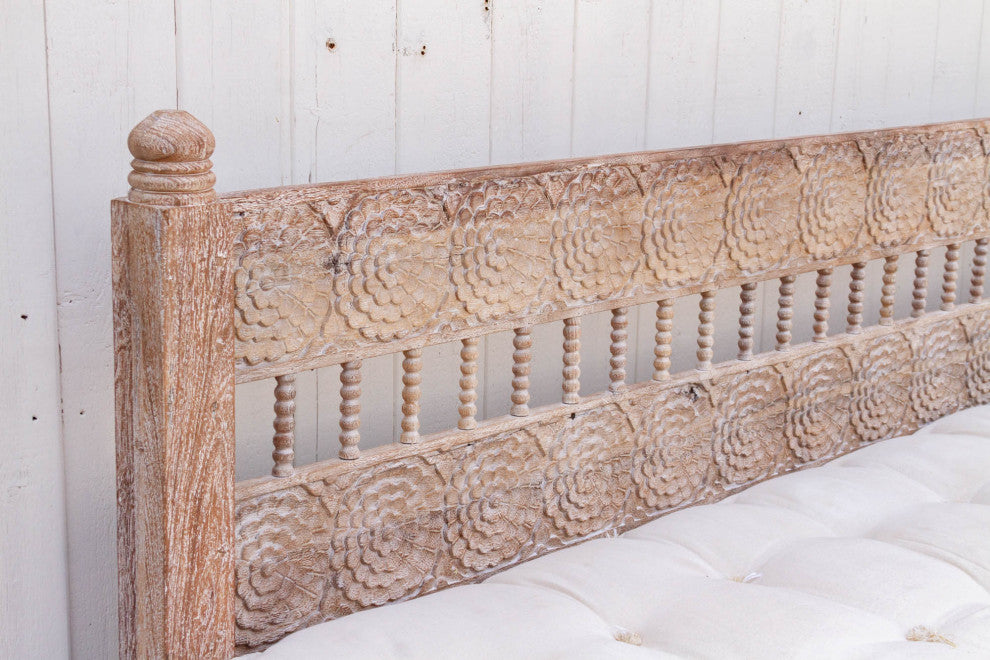 Carved Floral Whitewash Reclaimed Wood Daybed