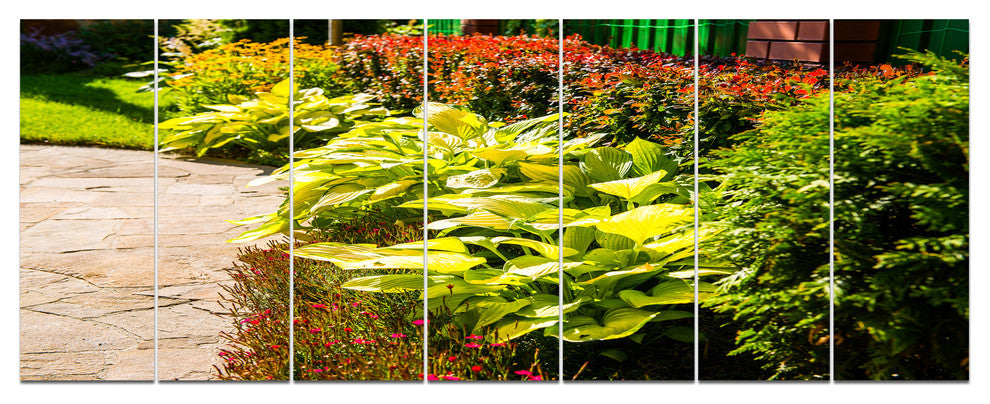 Modern Green Garden Design, Landscape Canvas Art Print, 83"x32", 7 Panels