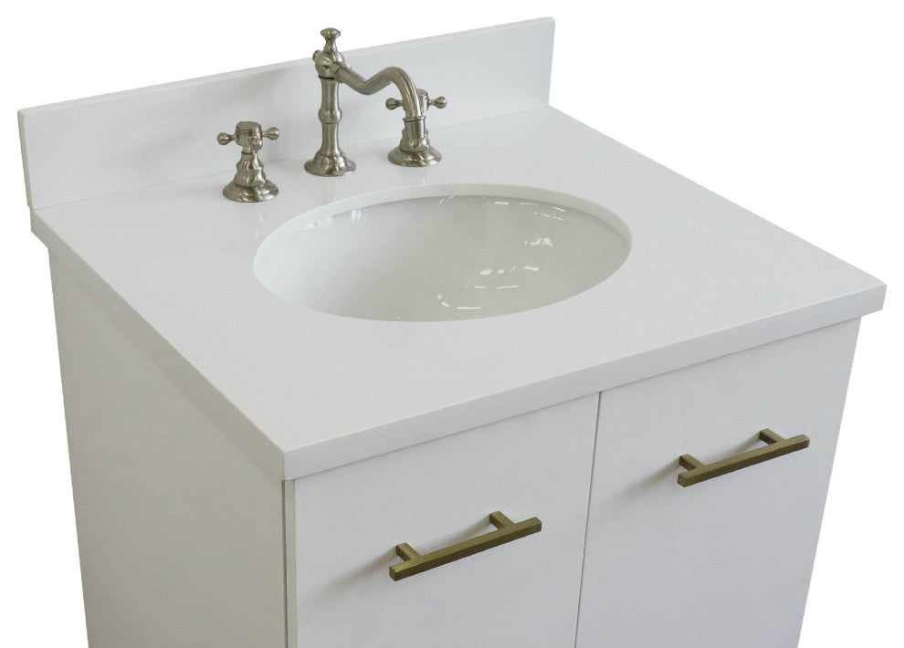25" Single Sink Vanity, White Finish With Engineered Stone Top And Oval Sink