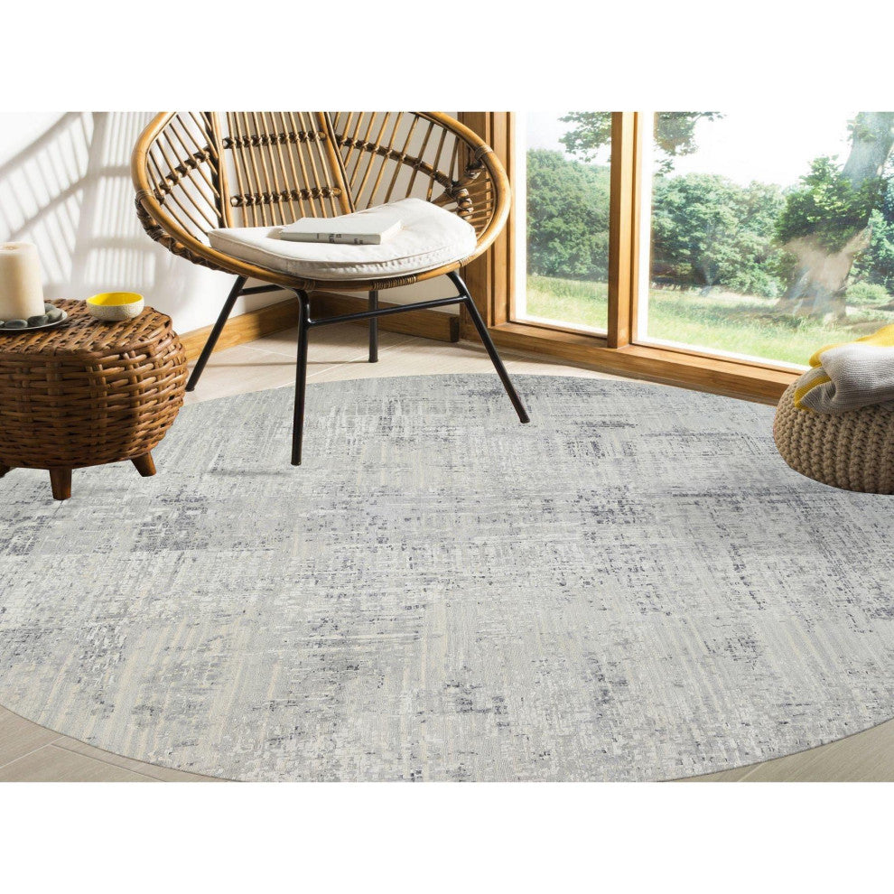 Gray Hand Knotted Modern Natural Wool Round Oriental Rug, 13'9"x13'9"