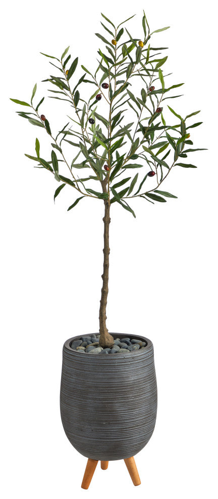 4.5' Olive Artificial Tree, Gray Planter With Stand