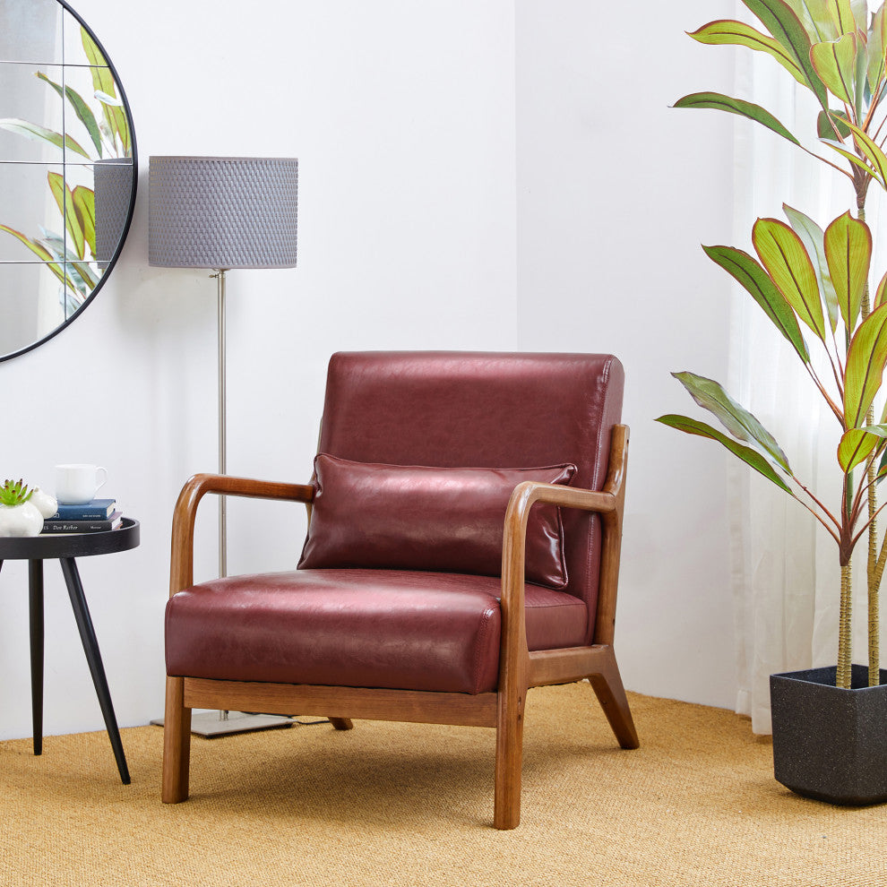 Mid-Century Modern Leatherette Accent Armchair, Set of 2, Burgundy