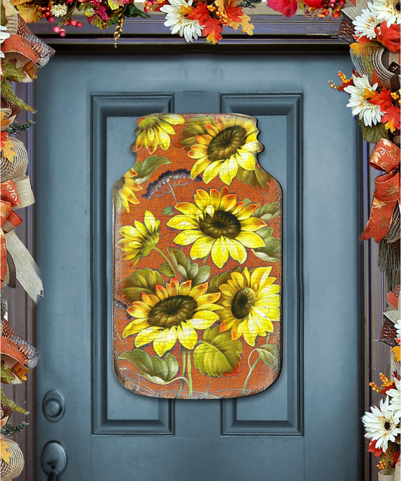 Sunflower Mason Jar Wood Door hanger