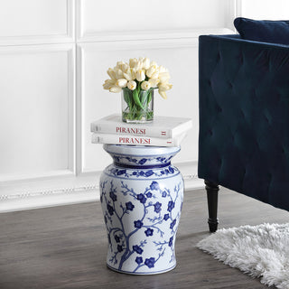 Cherry Blossom 17.7" Ceramic Garden Stool, White and Blue