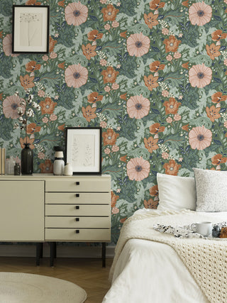 Victoria Green Floral Nouveau Wallpaper, Swatch