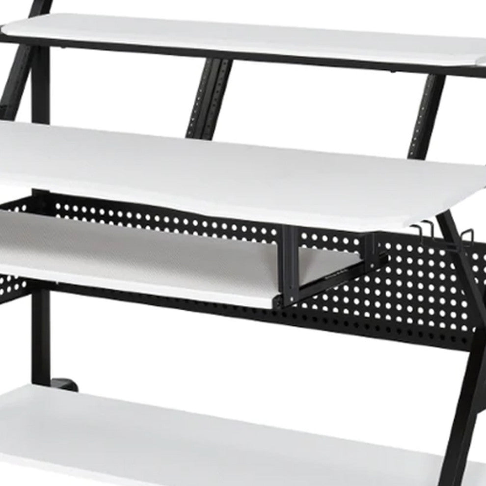 Benzara BM276207 Music Desk Workstation, Speaker Shelf, Keyboard Tray, White