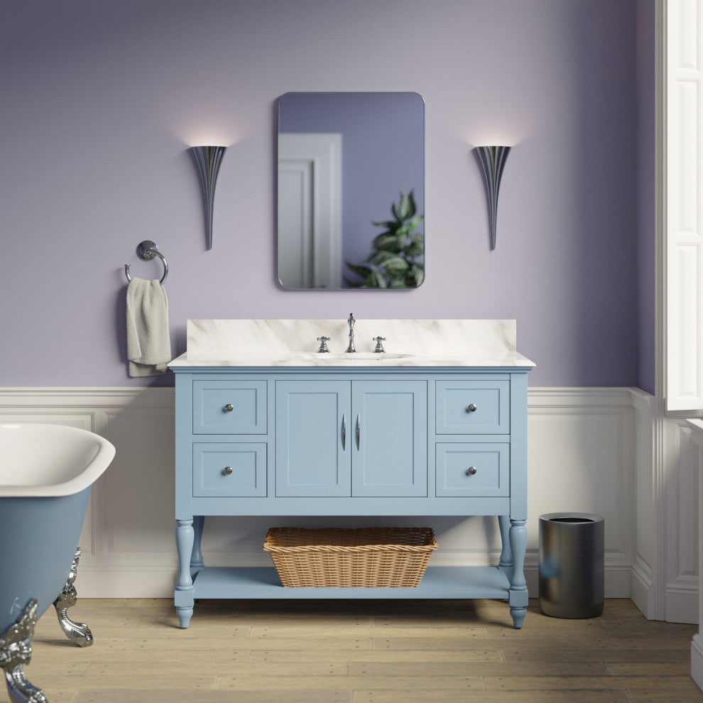 Beverly 48" Bathroom Vanity, Powder Blue, Carrara Marble
