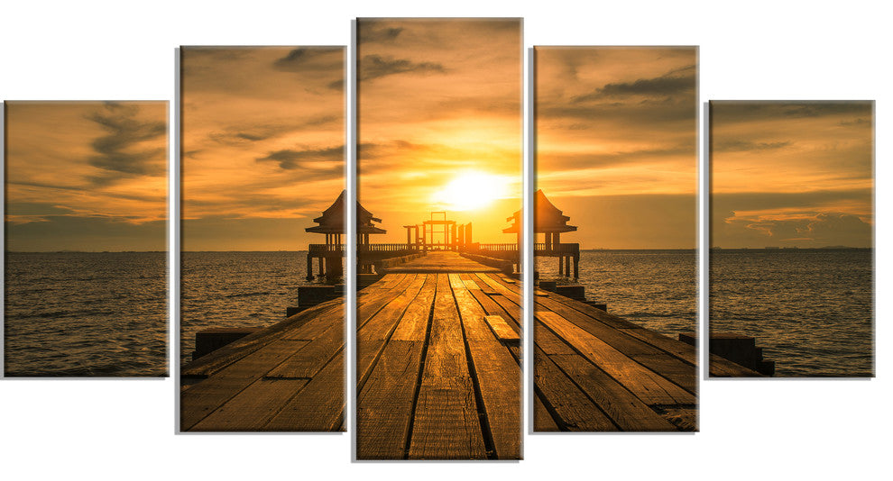 "Huge Wooden Bridge To Illuminated Sky" Sea Pier Wall Art, 5 Panels, 60"x32"