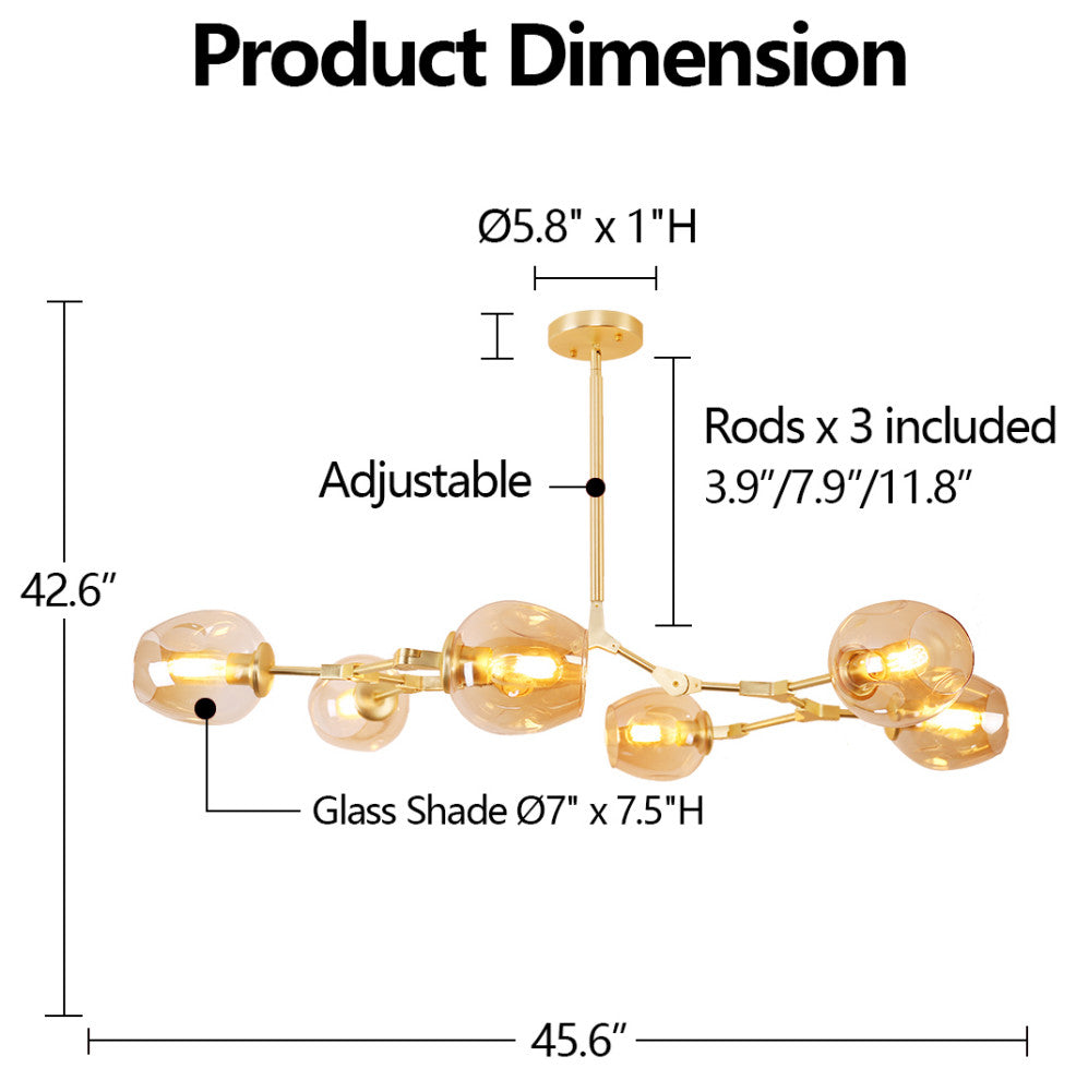 8-Light Adjustable Colorful Glass Shades Chandelier Pendant,Clear Glass Shades, Amber, 6light