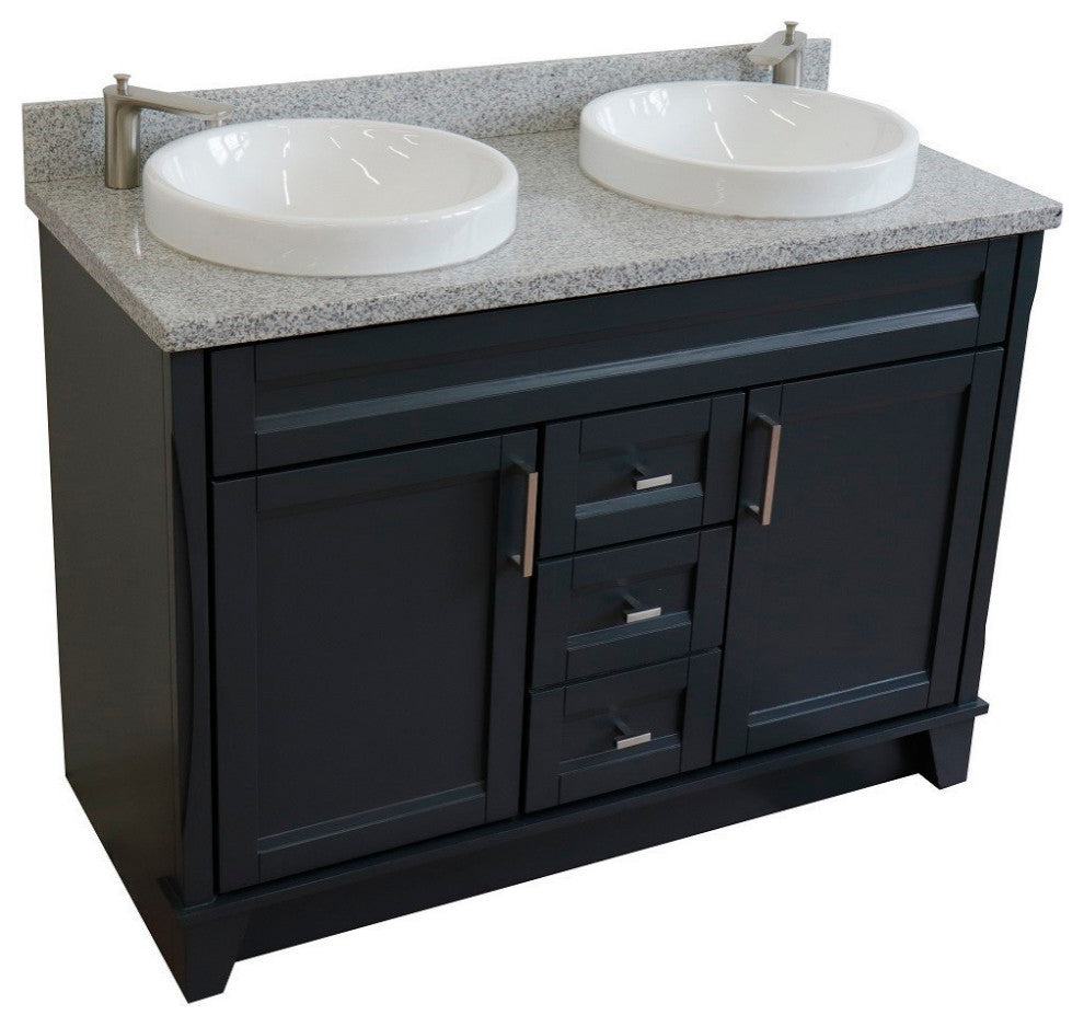 48" Double Sink Vanity, Dark Gray Finish With Gray Granite And Round Sink