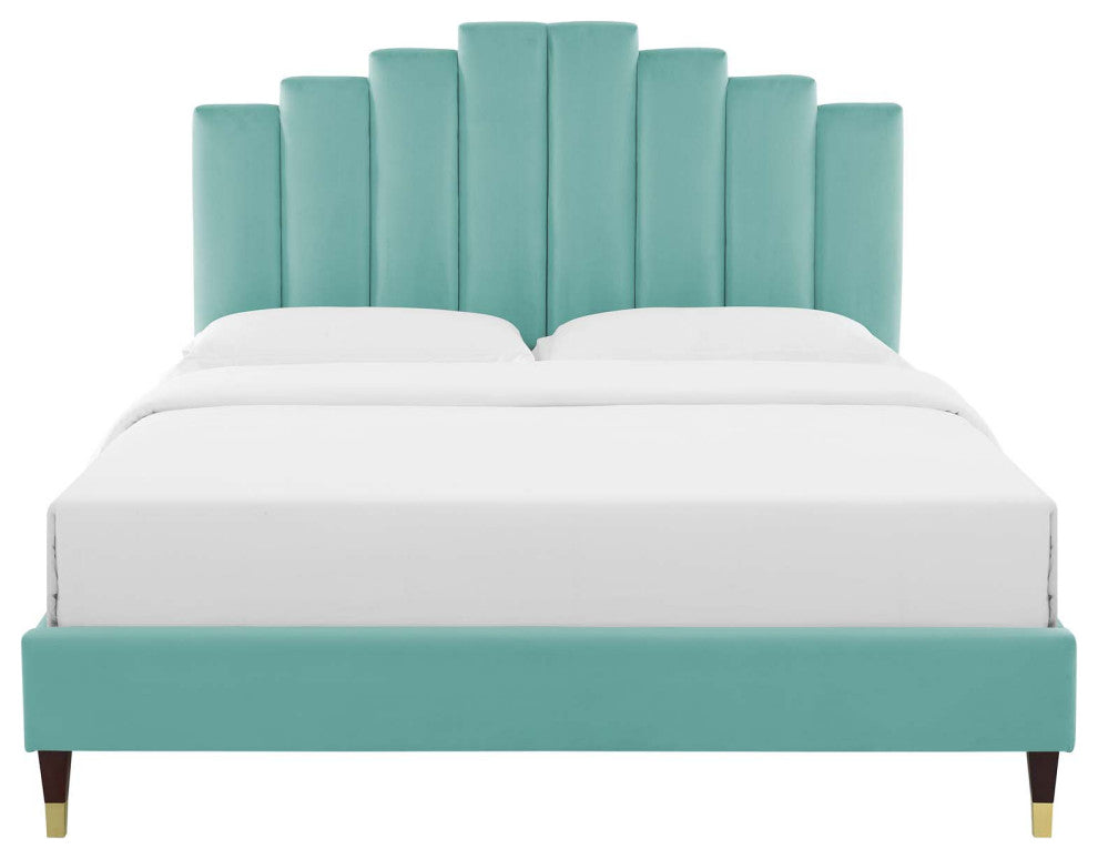 Platform Bed Frame, Twin Size, Velvet, Blue, Modern Contemporary, Bedroom Master