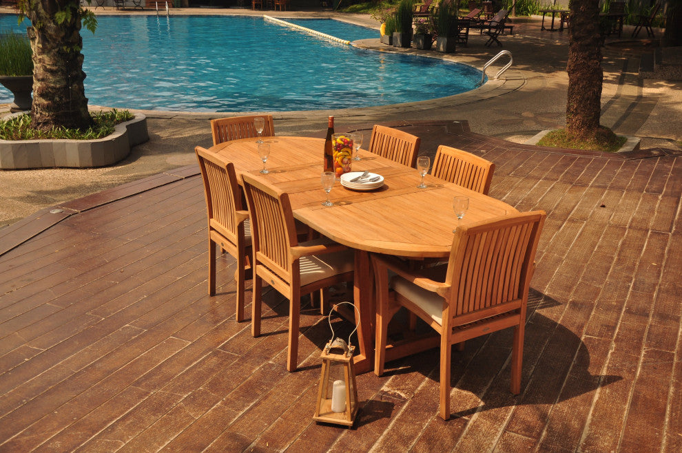 7-Piece Outdoor Teak Dining Set: 94" Masc Oval Table, 6 Lua Stacking Arm Chairs