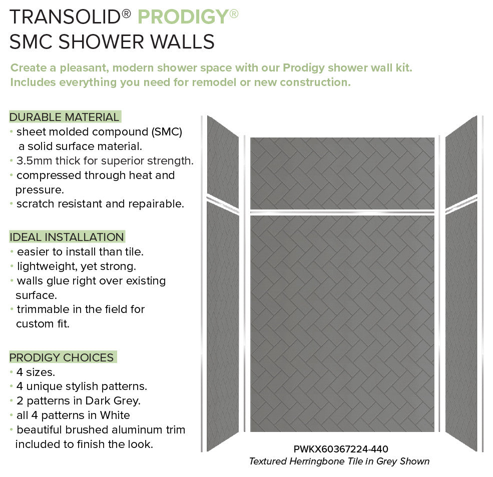 Transolid PWKX60367224-440 Prodigy 60"x36"x96" Shower Wall Kit Grey Herringbone
