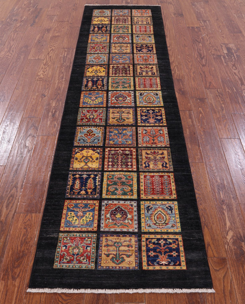 2' 6" X 9' 8" Persian Garden Design Black Hand Knotted Runner Rug Q10694