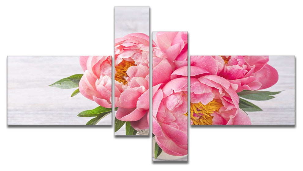 Bunch of Peony Flowers In Vase, Floral Canvas Art Print, 60"x32", 4 panels